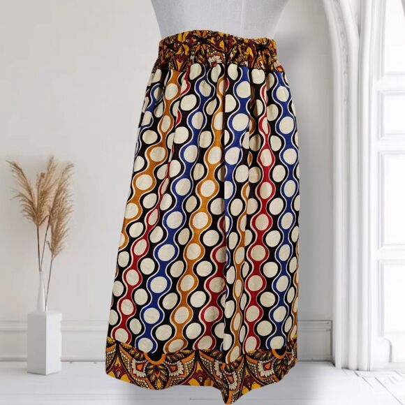 Vintage 70s Psychedelic Skirt Size S Wavy Geometric Print Elastic Waist Knee - Picture 3 of 15